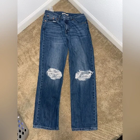 Levi's Blue Boyfriend Jeans with Distressed Knees Low Pro Straight - Picture 3 of 6